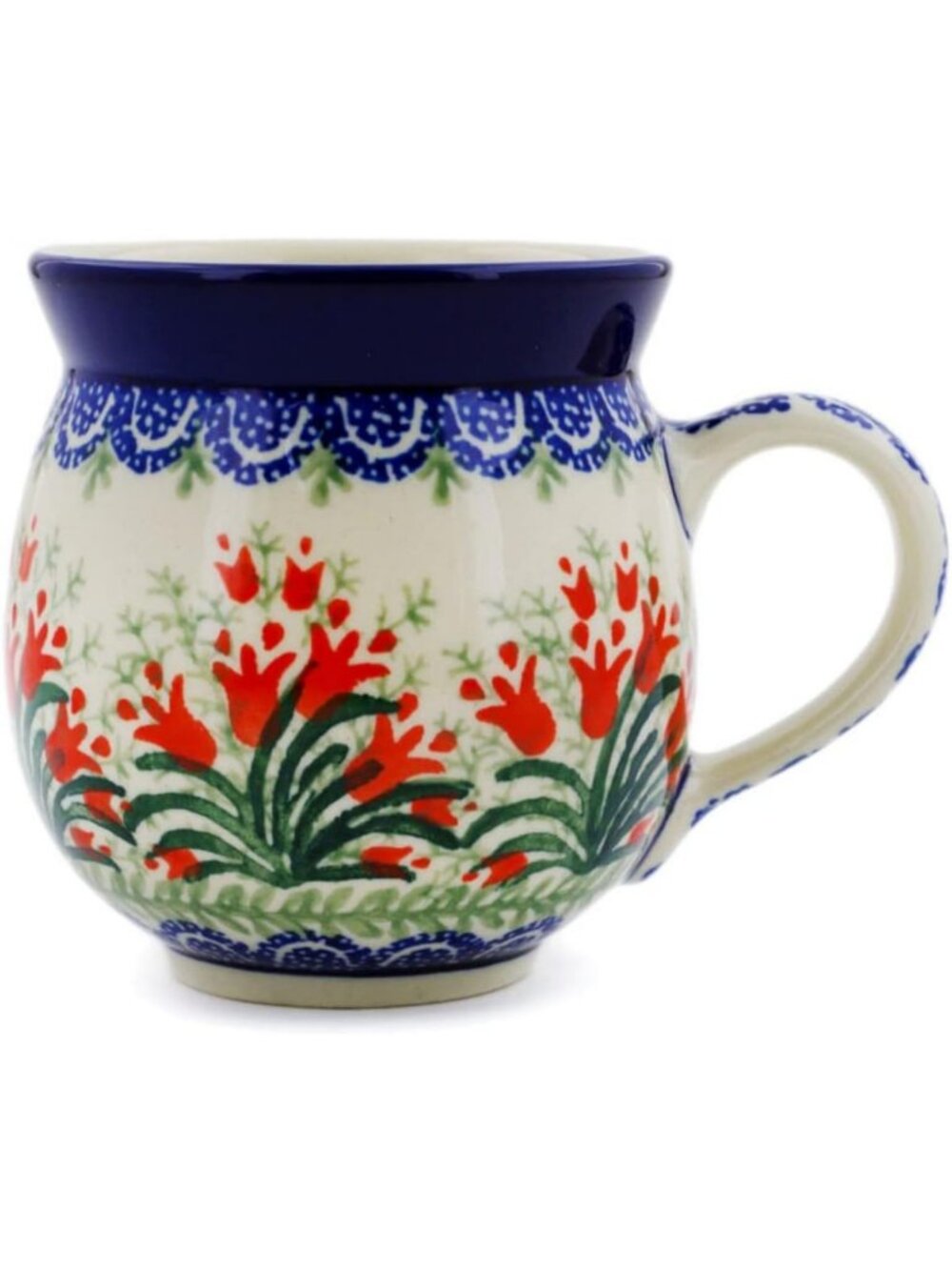 Handcrafted 11 oz Polish Pottery Mug - Bubble Design, Crimson Bells Pattern